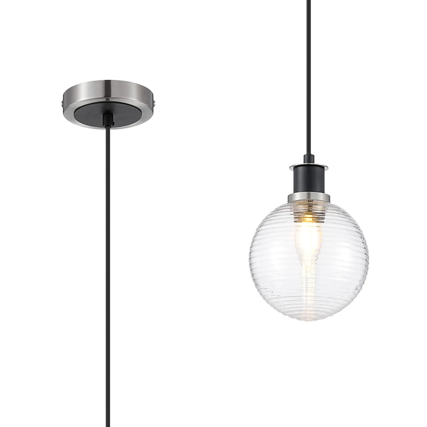 Photograph: Idolite Haughton IP 1.3m Pendant, 1 x E14 With 15cm Round Ribbed Glass Shade, Satin Nickel, Clear & Satin Black