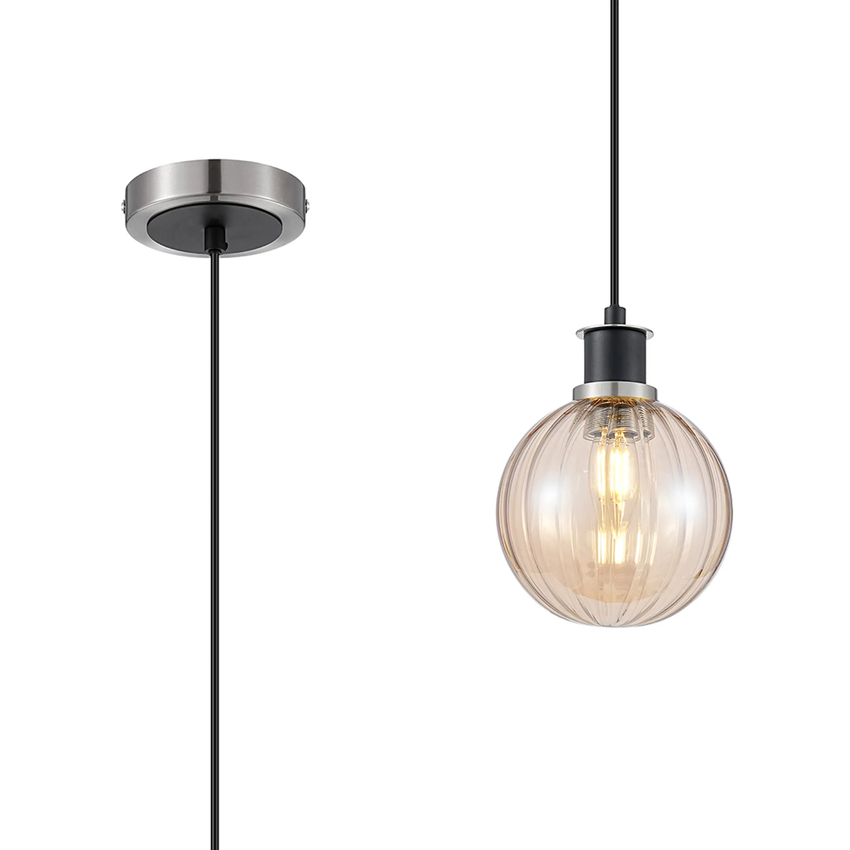 Photograph: Idolite Haughton IP 1.3m Pendant, 1 x E14 With 15cm Round Segment Glass Shade, Satin Nickel, Amber Plated & Satin Black