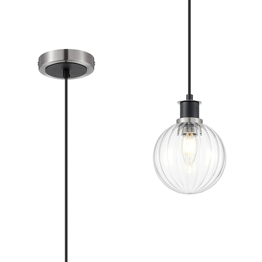 Photograph: Idolite Haughton IP 1.3m Pendant, 1 x E14 With 15cm Round Segment Glass Shade, Satin Nickel, Clear & Satin Black