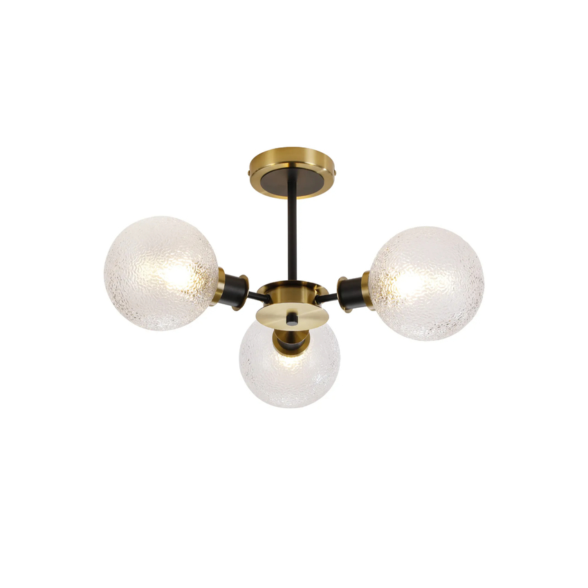 Photograph: Idolite Haughton IP Semi Ceiling, 3 x E14 With 15cm Round Dimpled Glass Shade, Brass, Clear & Satin Black