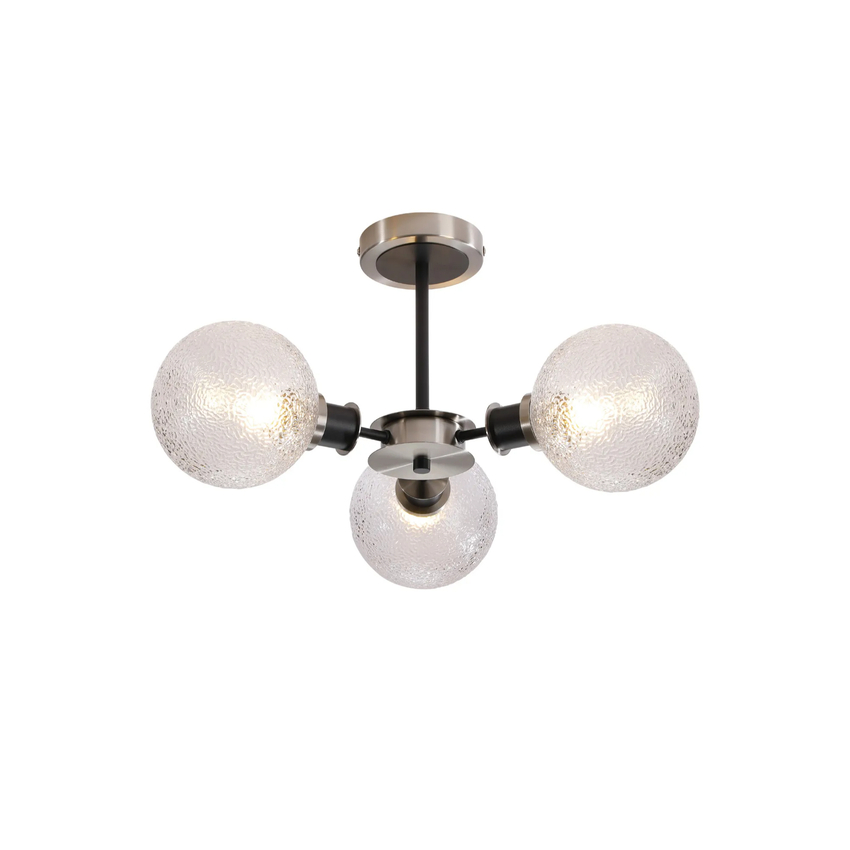 Photograph: Idolite Haughton IP Semi Ceiling, 3 x E14 With 15cm Round Dimpled Glass Shade, Satin Nickel, Clear & Satin Black