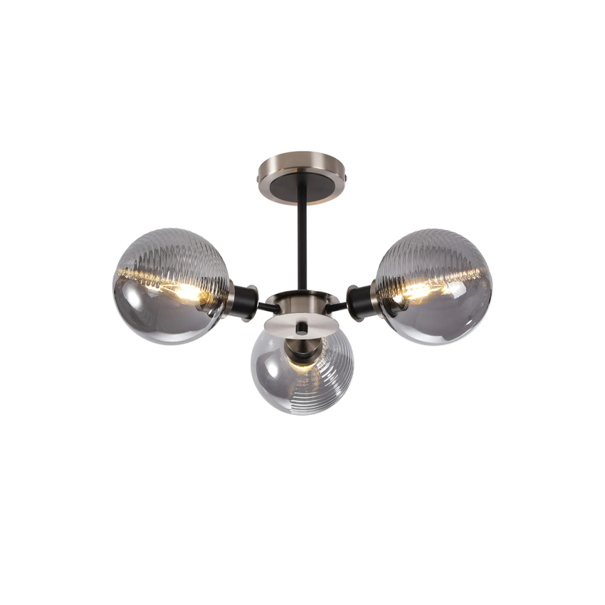 Photograph: Idolite Haughton IP Semi Ceiling, 3 x E14 With 15cm Round Double Textured Smooth/Ribbed Glass Shade, Satin Nickel, Smoke Plated & Satin Black