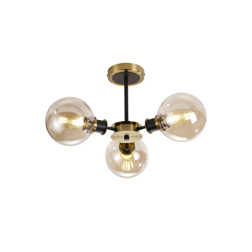 Photograph: Idolite Haughton IP Semi Ceiling, 3 x E14 With 15cm Round Glass Shade, Brass, Amber Plated & Satin Black