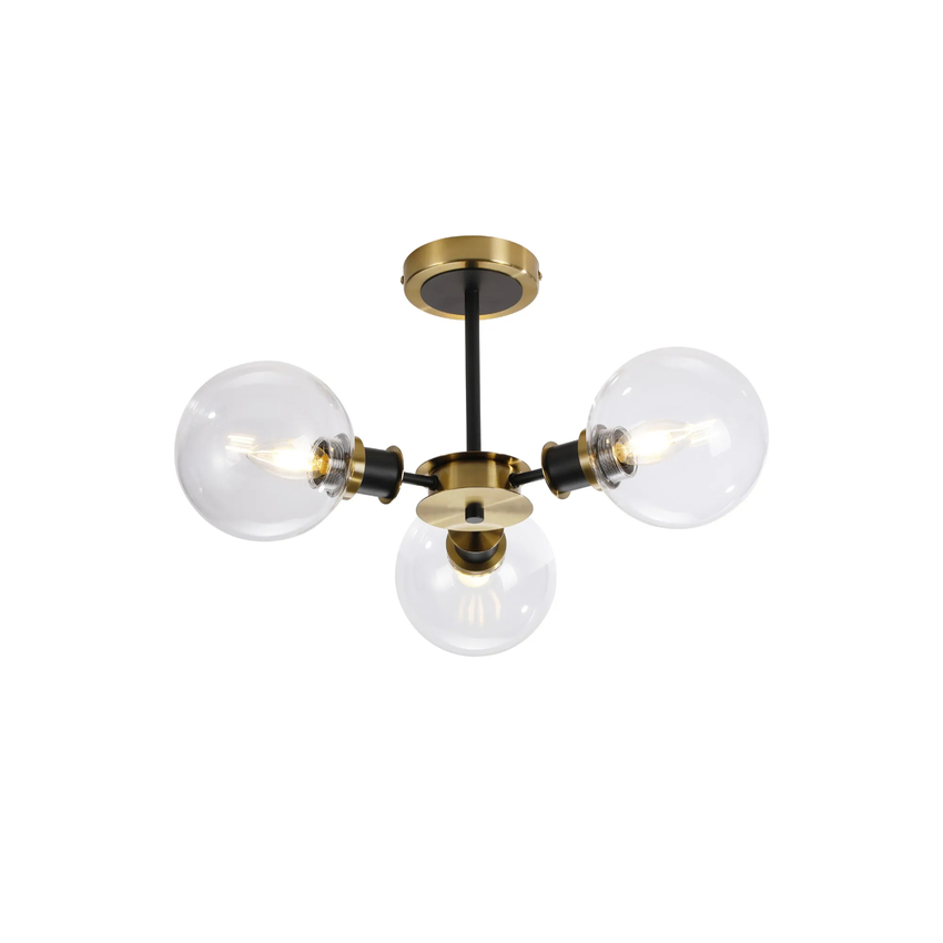 Photograph: Idolite Haughton IP Semi Ceiling, 3 x E14 With 15cm Round Glass Shade, Brass, Clear & Satin Black