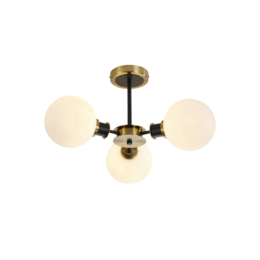 Photograph: Idolite Haughton IP Semi Ceiling, 3 x E14 With 15cm Round Glass Shade, Brass, Opal & Satin Black