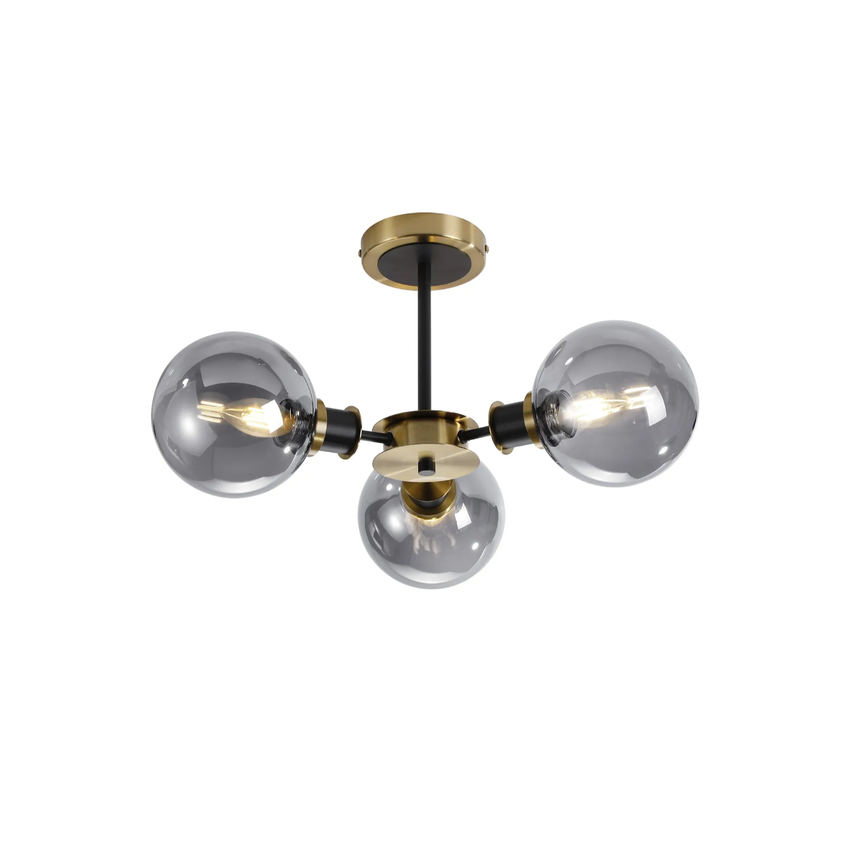 Photograph: Idolite Haughton IP Semi Ceiling, 3 x E14 With 15cm Round Glass Shade, Brass, Smoke Plated & Satin Black