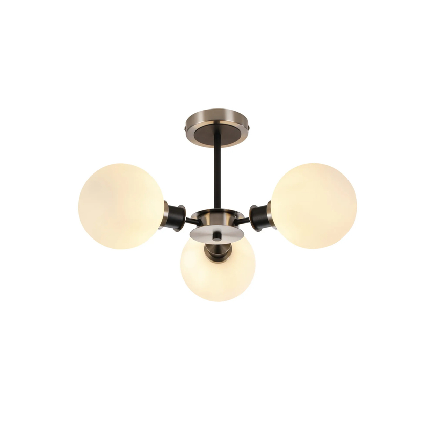 Photograph: Idolite Haughton IP Semi Ceiling, 3 x E14 With 15cm Round Glass Shade, Satin Nickel, Opal & Satin Black