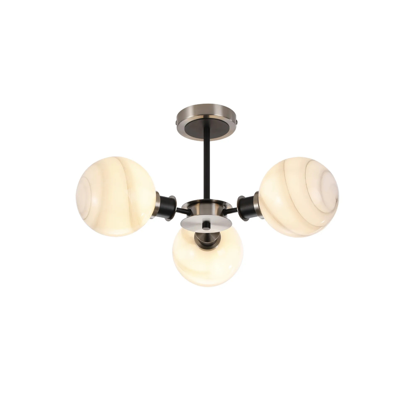 Photograph: Idolite Haughton IP Semi Ceiling, 3 x E14 With 15cm Round Marble Effect Glass Shade, Satin Nickel, White & Satin Black