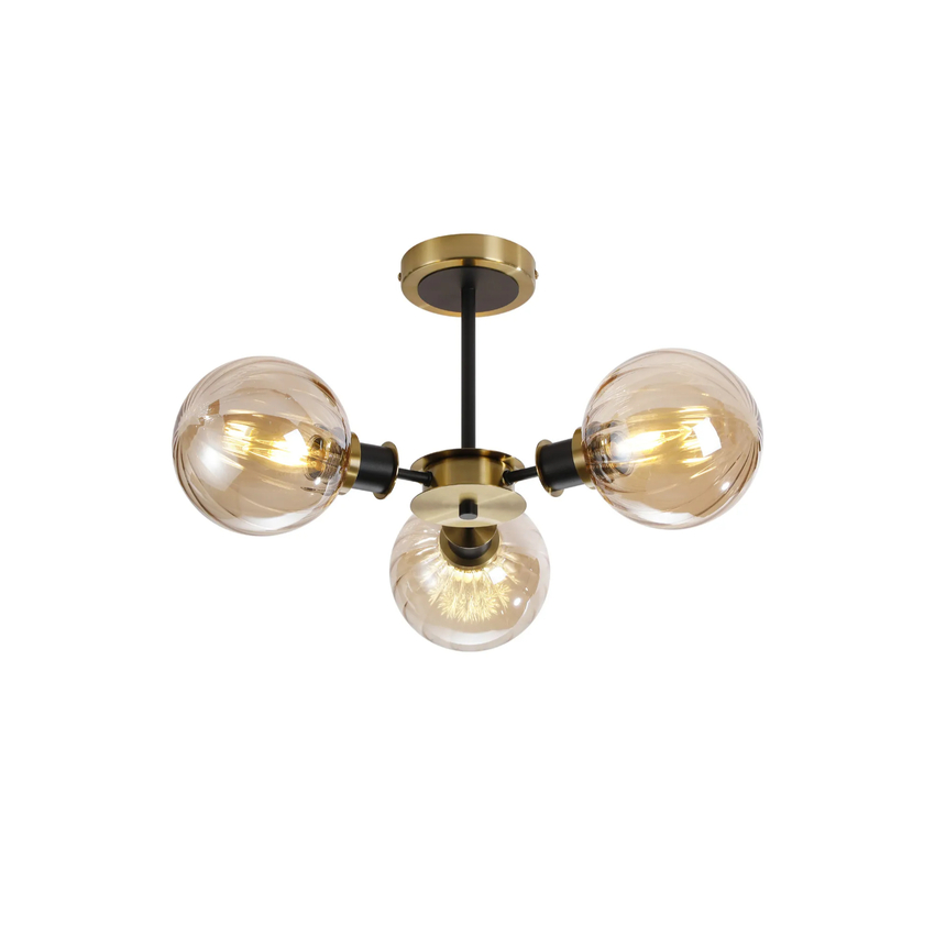Photograph: Idolite Haughton IP Semi Ceiling, 3 x E14 With 15cm Round Segment Glass Shade, Brass, Amber Plated & Satin Black