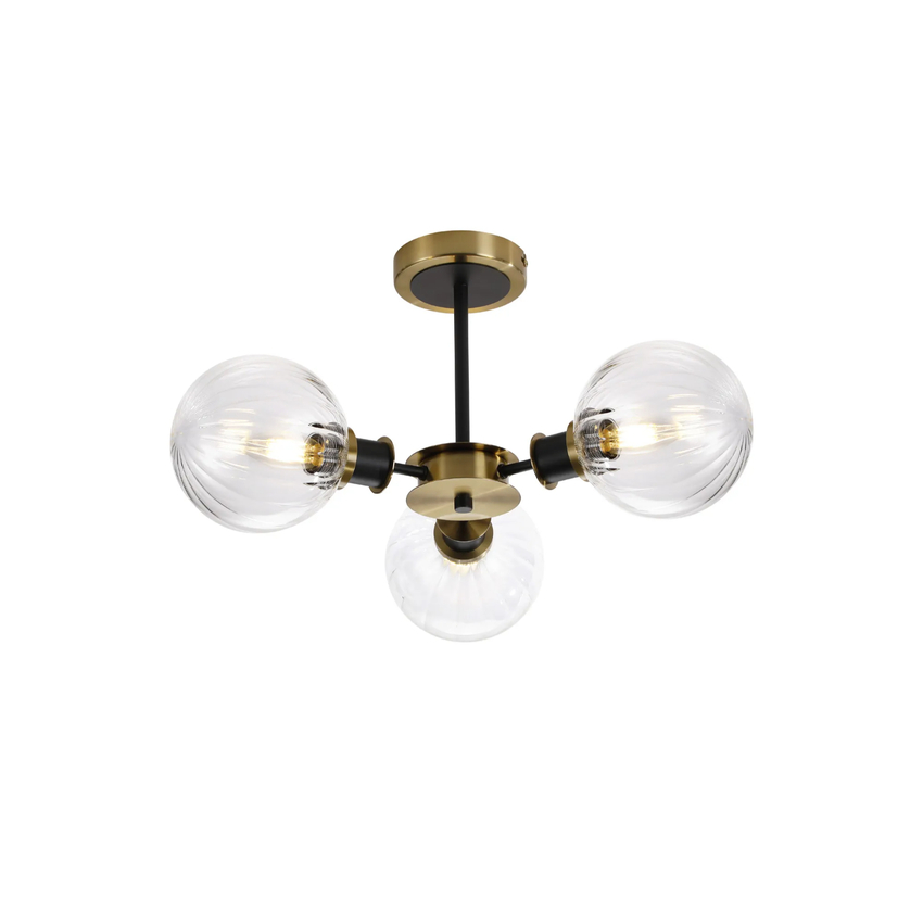Photograph: Idolite Haughton IP Semi Ceiling, 3 x E14 With 15cm Round Segment Glass Shade, Brass, Clear & Satin Black