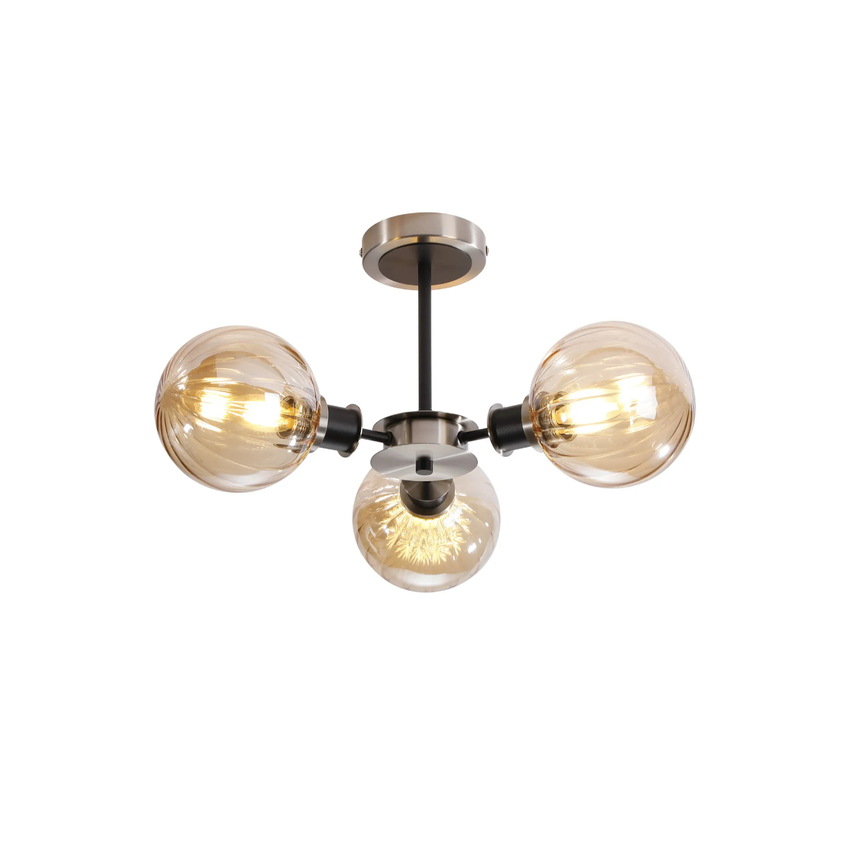 Photograph: Idolite Haughton IP Semi Ceiling, 3 x E14 With 15cm Round Segment Glass Shade, Satin Nickel, Amber Plated & Satin Black