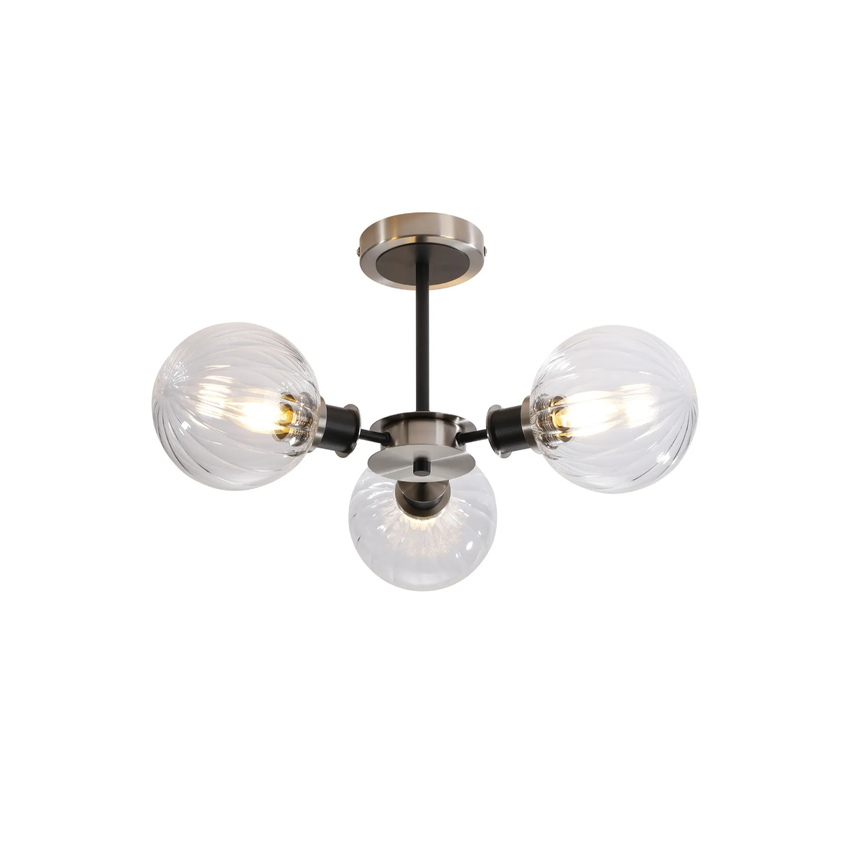 Photograph: Idolite Haughton IP Semi Ceiling, 3 x E14 With 15cm Round Segment Glass Shade, Satin Nickel, Clear & Satin Black