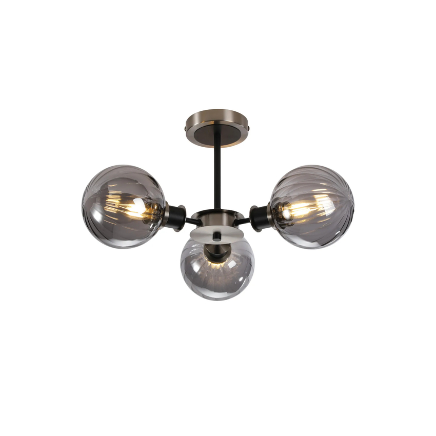 Photograph: Idolite Haughton IP Semi Ceiling, 3 x E14 With 15cm Round Segment Glass Shade, Satin Nickel, Smoke Plated & Satin Black