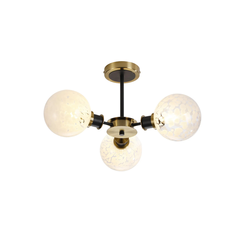Photograph: Idolite Haughton IP Semi Ceiling, 3 x E14 With 15cm Round Speckled Glass Shade, Brass, White & Satin Black