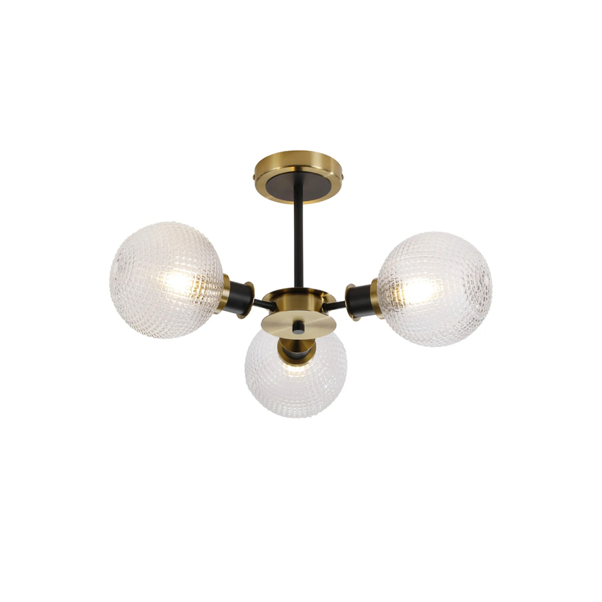 Photograph: Idolite Haughton IP Semi Ceiling, 3 x E14 With 15cm Round Textured Diamond Pattern Glass Shade, Brass, Clear & Satin Black