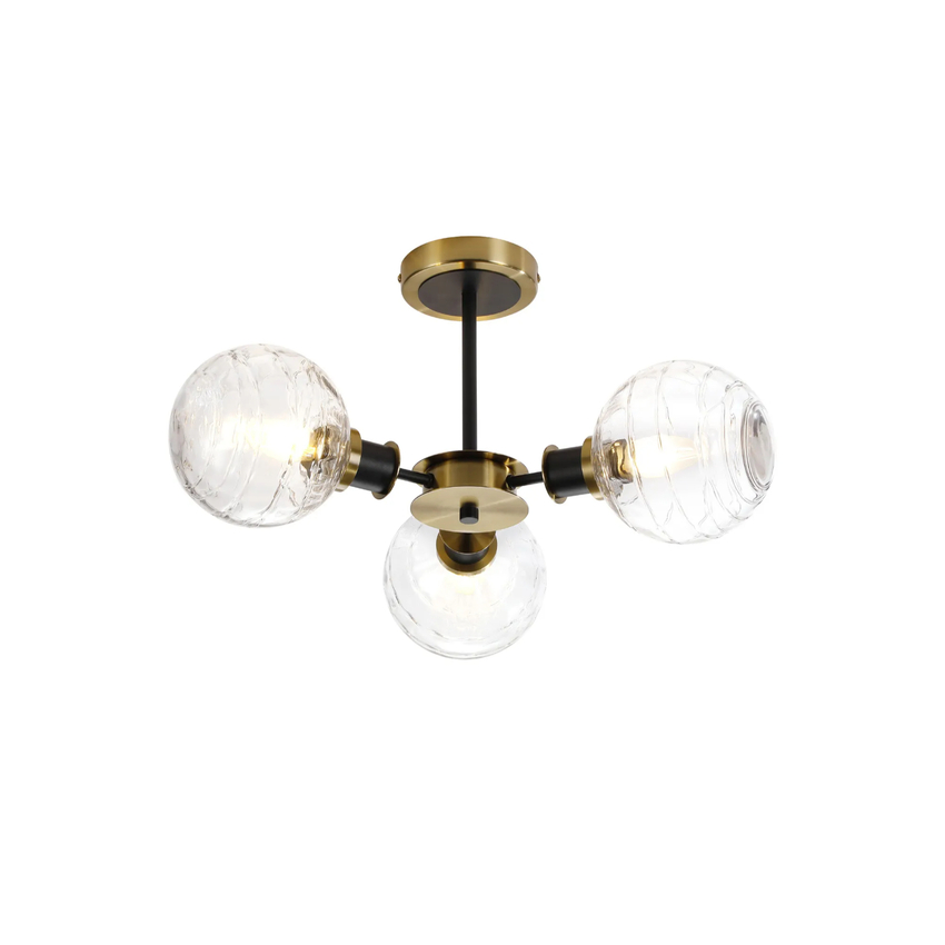 Photograph: Idolite Haughton IP Semi Ceiling, 3 x E14 With 15cm Round Textured Melting Glass Shade, Brass, Clear & Satin Black