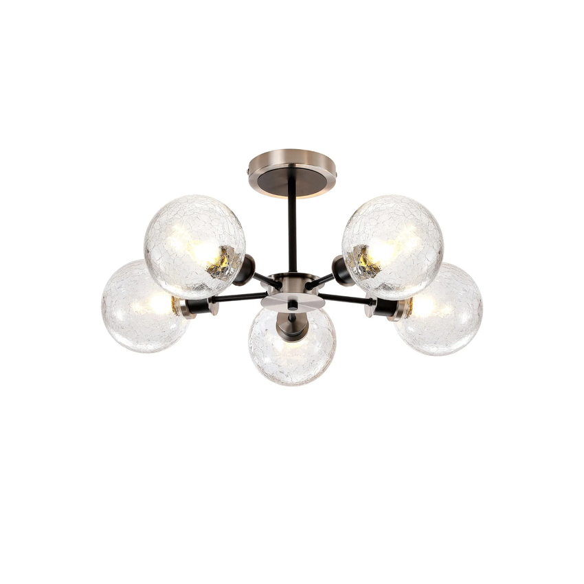 Photograph: Idolite Haughton IP Semi Ceiling, 5 x E14 With 15cm Round Crackled Glass Shade, Satin Nickel, Clear & Satin Black