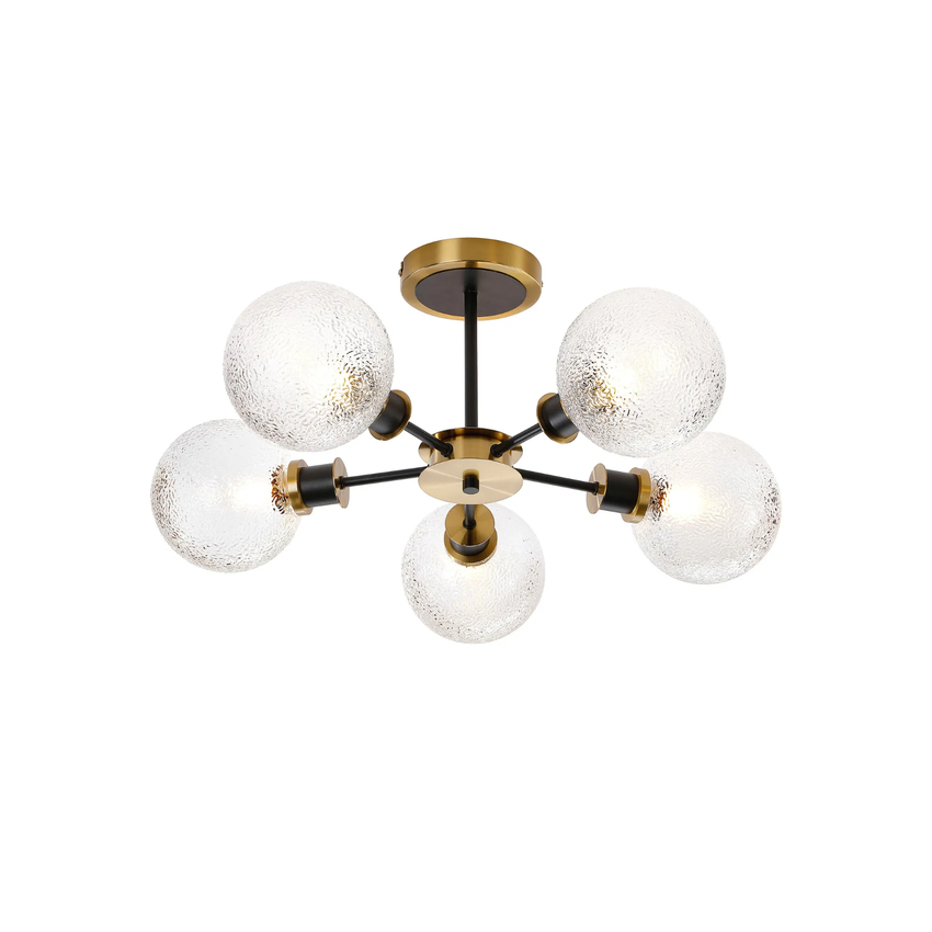 Photograph: Idolite Haughton IP Semi Ceiling, 5 x E14 With 15cm Round Dimpled Glass Shade, Brass, Clear & Satin Black