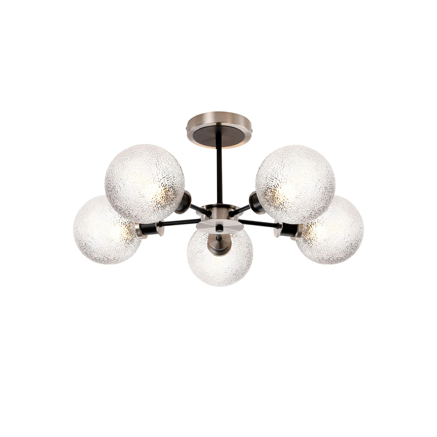 Photograph: Idolite Haughton IP Semi Ceiling, 5 x E14 With 15cm Round Dimpled Glass Shade, Satin Nickel, Clear & Satin Black