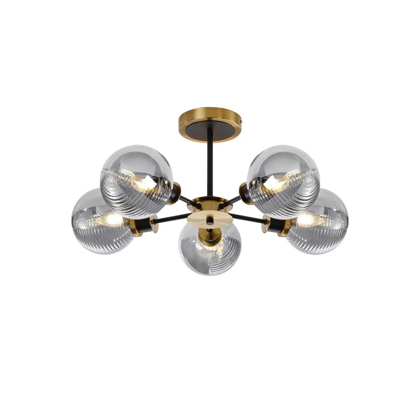 Photograph: Idolite Haughton IP Semi Ceiling, 5 x E14 With 15cm Round Double Textured Smooth/Ribbed Glass Shade, Brass, Smoke Plated & Satin Black