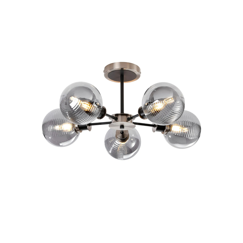 Photograph: Idolite Haughton IP Semi Ceiling, 5 x E14 With 15cm Round Double Textured Smooth/Ribbed Glass Shade, Satin Nickel, Smoke Plated & Satin Black