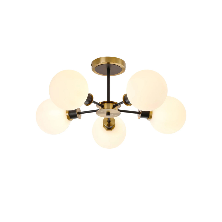 Photograph: Idolite Haughton IP Semi Ceiling, 5 x E14 With 15cm Round Glass Shade, Brass, Opal & Satin Black