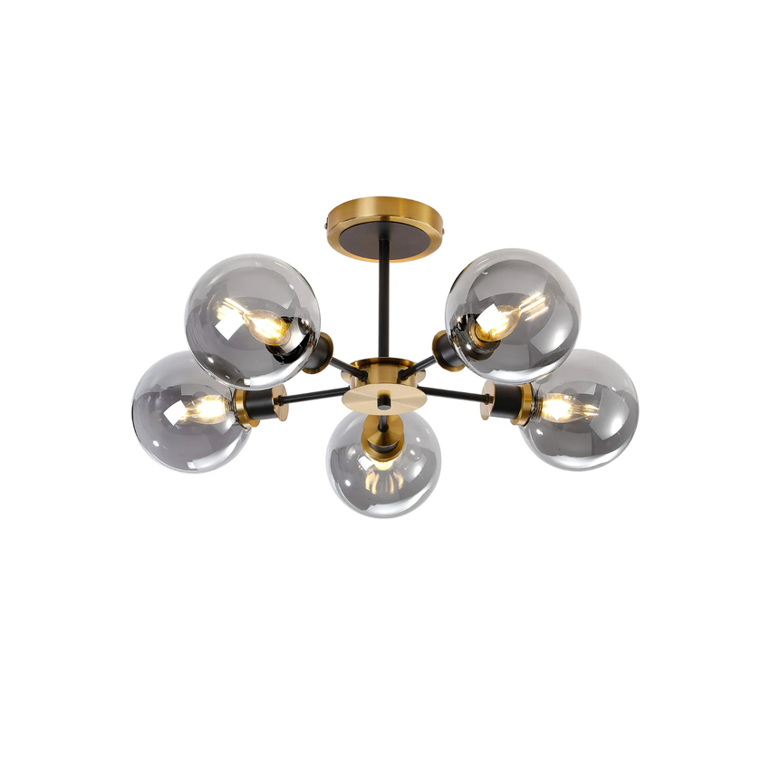 Photograph: Idolite Haughton IP Semi Ceiling, 5 x E14 With 15cm Round Glass Shade, Brass, Smoke Plated & Satin Black