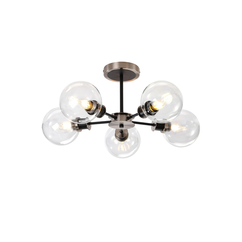 Photograph: Idolite Haughton IP Semi Ceiling, 5 x E14 With 15cm Round Glass Shade, Satin Nickel, Clear & Satin Black