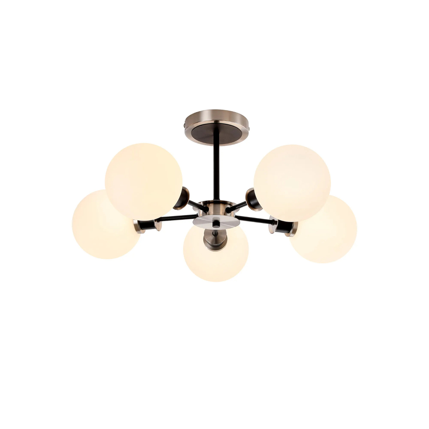 Photograph: Idolite Haughton IP Semi Ceiling, 5 x E14 With 15cm Round Glass Shade, Satin Nickel, Opal & Satin Black