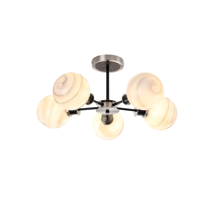 Photograph: Idolite Haughton IP Semi Ceiling, 5 x E14 With 15cm Round Marble Effect Glass Shade, Satin Nickel, White & Satin Black