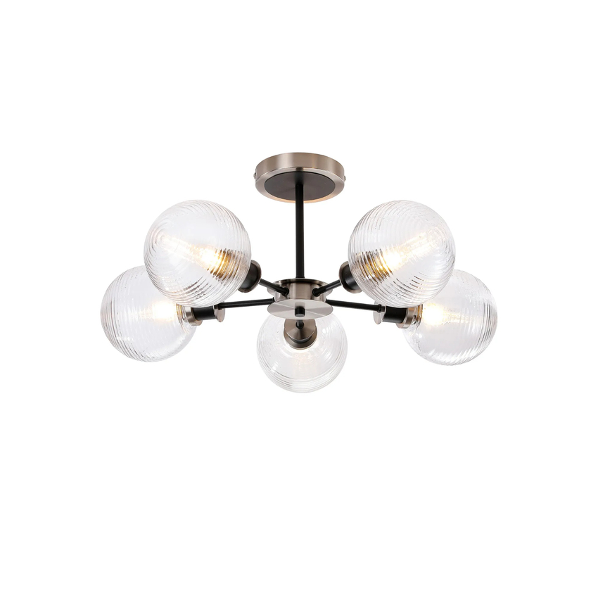 Photograph: Idolite Haughton IP Semi Ceiling, 5 x E14 With 15cm Round Ribbed Glass Shade, Satin Nickel, Clear & Satin Black