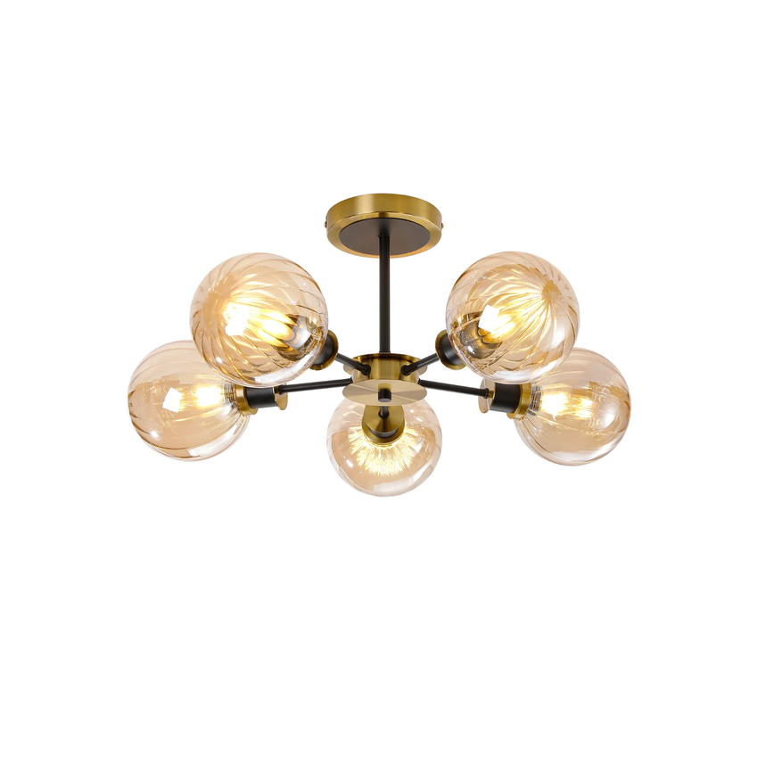 Photograph: Idolite Haughton IP Semi Ceiling, 5 x E14 With 15cm Round Segment Glass Shade, Brass, Amber Plated & Satin Black