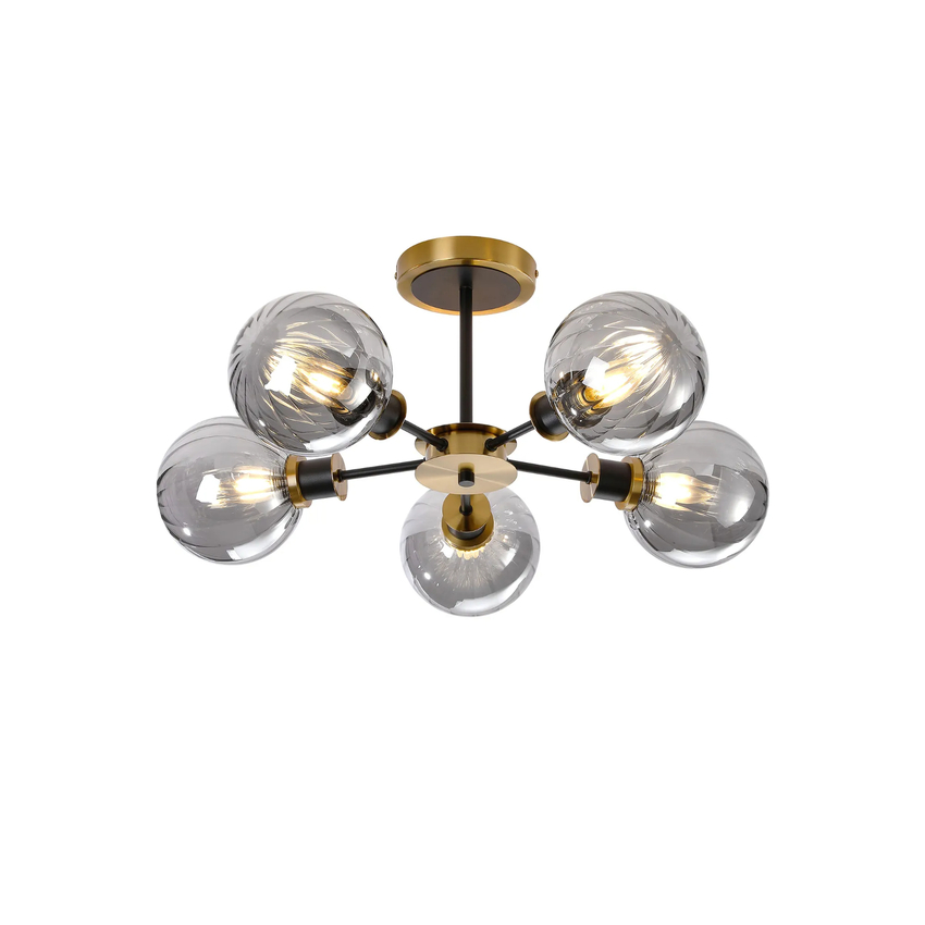 Photograph: Idolite Haughton IP Semi Ceiling, 5 x E14 With 15cm Round Segment Glass Shade, Brass, Smoke Plated & Satin Black