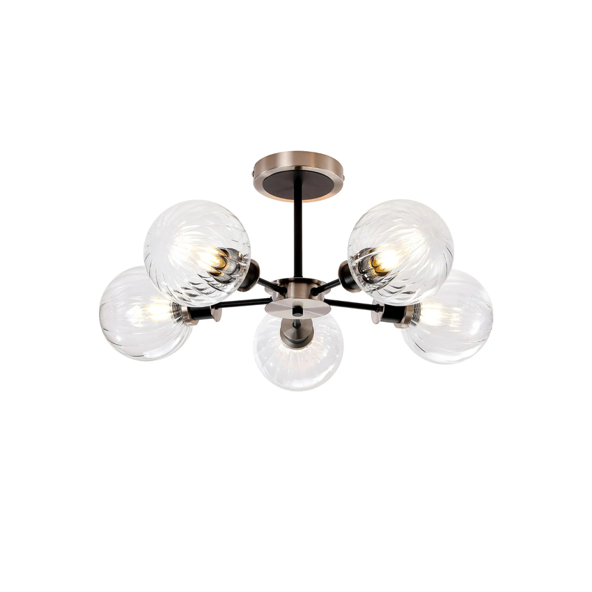 Photograph: Idolite Haughton IP Semi Ceiling, 5 x E14 With 15cm Round Segment Glass Shade, Satin Nickel, Clear & Satin Black