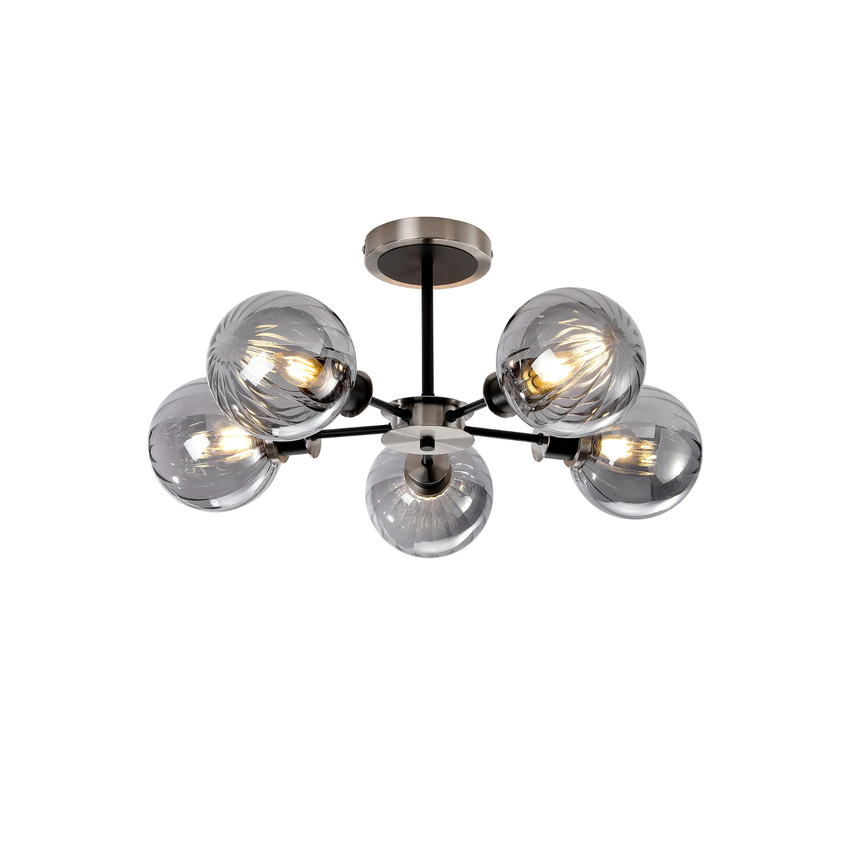 Photograph: Idolite Haughton IP Semi Ceiling, 5 x E14 With 15cm Round Segment Glass Shade, Satin Nickel, Smoke Plated & Satin Black
