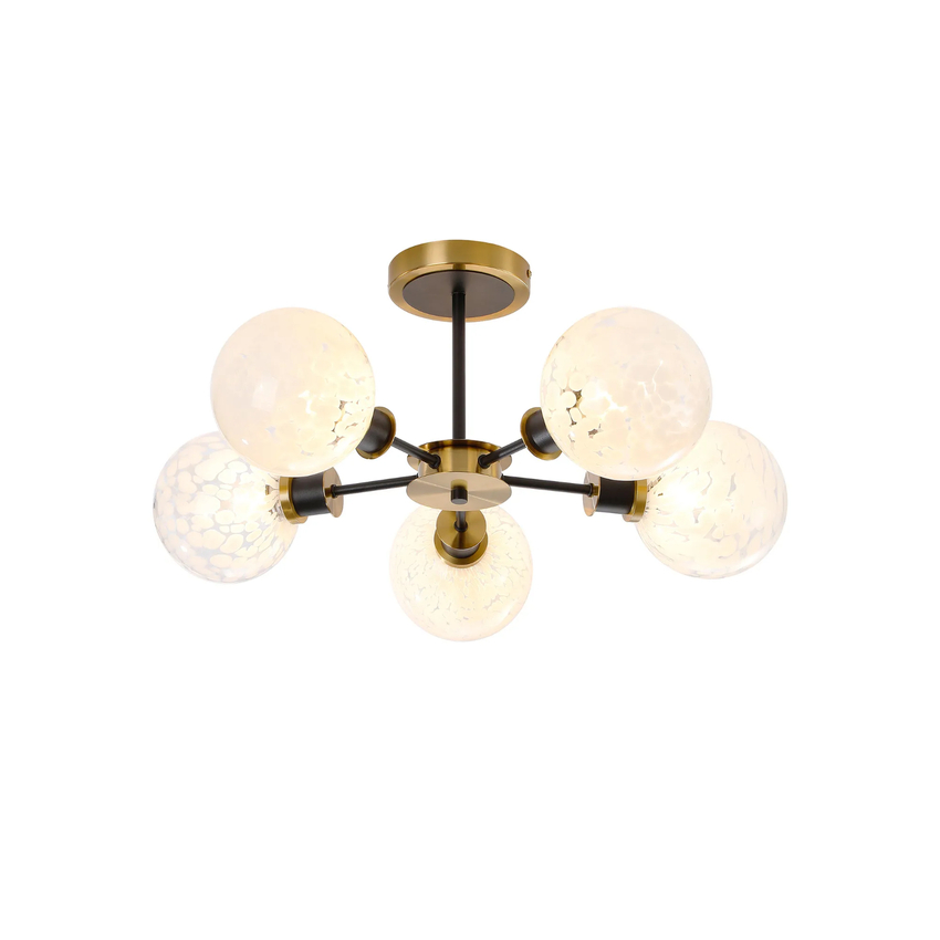 Photograph: Idolite Haughton IP Semi Ceiling, 5 x E14 With 15cm Round Speckled Glass Shade, Brass, White & Satin Black