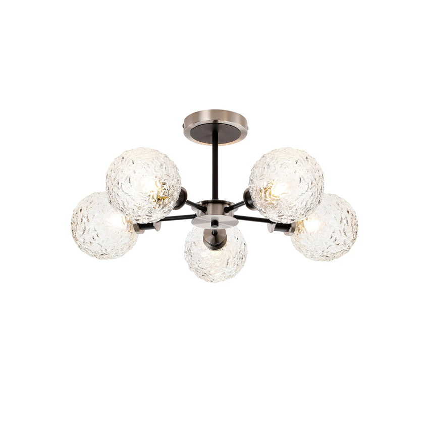 Photograph: Idolite Haughton IP Semi Ceiling, 5 x E14 With 15cm Round Textured Crumple Glass Shade, Satin Nickel, Clear & Satin Black