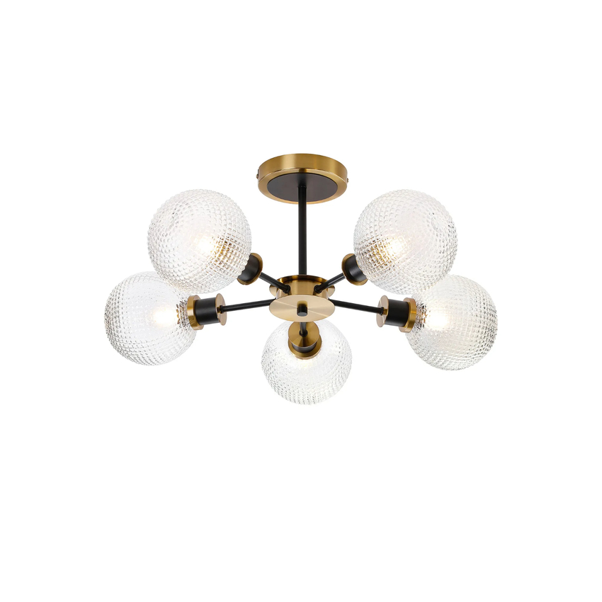 Photograph: Idolite Haughton IP Semi Ceiling, 5 x E14 With 15cm Round Textured Diamond Pattern Glass Shade, Brass, Clear & Satin Black
