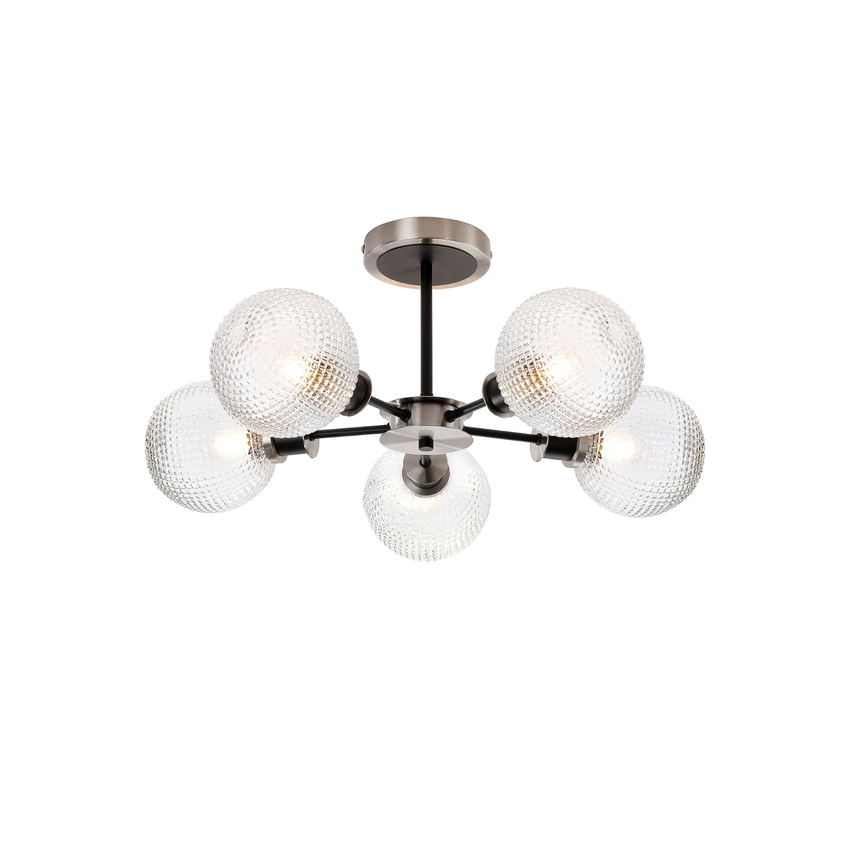 Photograph: Idolite Haughton IP Semi Ceiling, 5 x E14 With 15cm Round Textured Diamond Pattern Glass Shade, Satin Nickel, Clear & Satin Black