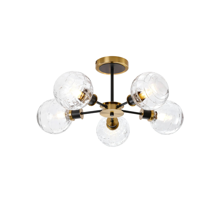 Photograph: Idolite Haughton IP Semi Ceiling, 5 x E14 With 15cm Round Textured Melting Glass Shade, Brass, Clear & Satin Black