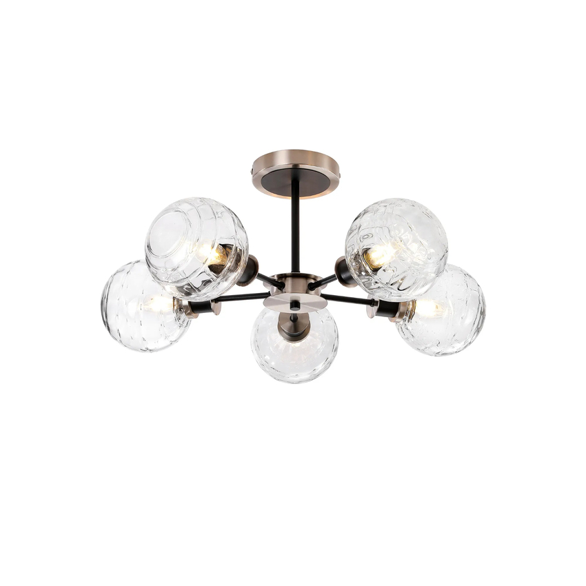 Photograph: Idolite Haughton IP Semi Ceiling, 5 x E14 With 15cm Round Textured Melting Glass Shade, Satin Nickel, Clear & Satin Black