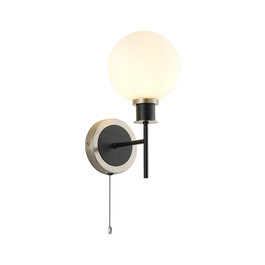 Photograph: Idolite Haughton IP Switched Wall Light, 1 x E14 With 15cm Round Glass Shade, Satin Nickel, Opal & Satin Black
