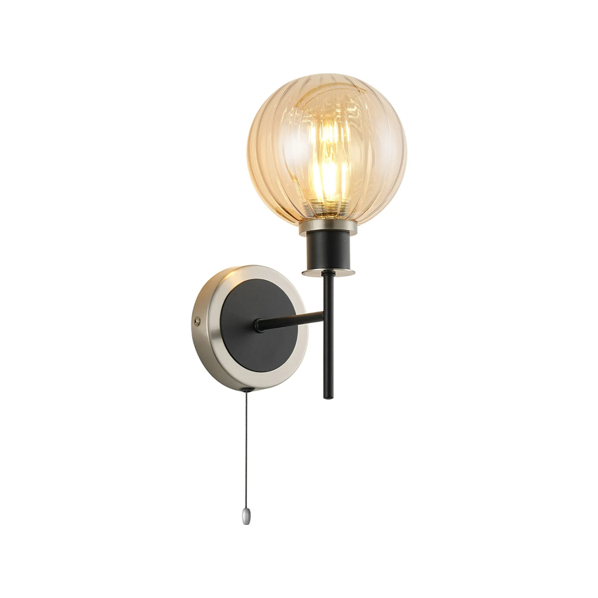 Photograph: Idolite Haughton IP Switched Wall Light, 1 x E14 With 15cm Round Segment Glass Shade, Satin Nickel, Amber Plated & Satin Black