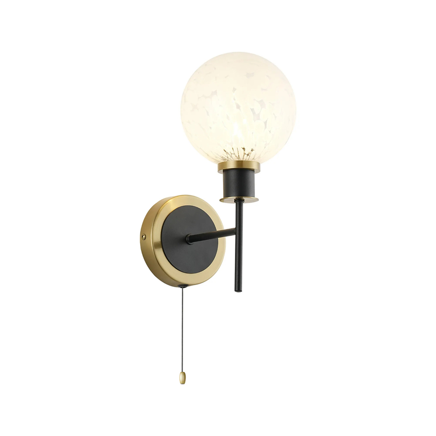 Photograph: Idolite Haughton IP Switched Wall Light, 1 x E14 With 15cm Round Speckled Glass Shade, Brass, White & Satin Black