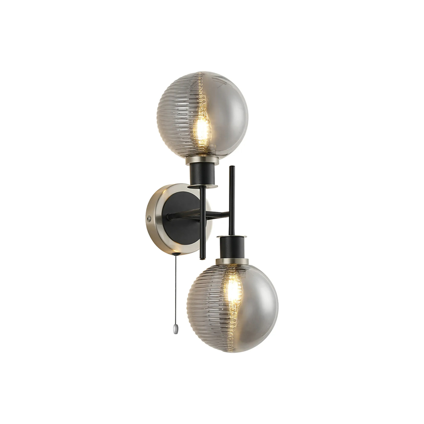Photograph: Idolite Haughton IP Switched Wall Light, 2 Light E14 IP44 With 15cm Round Double Textured Smooth/Ribbed Shade, Satin Nickel, Smoke Plated/Satin Black