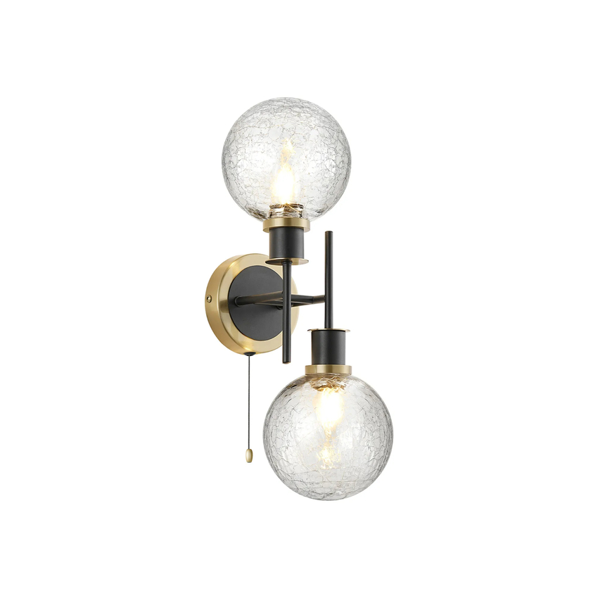 Photograph: Idolite Haughton IP Switched Wall Light, 2 x E14 With 15cm Round Crackled Glass Shade, Brass, Clear & Satin Black