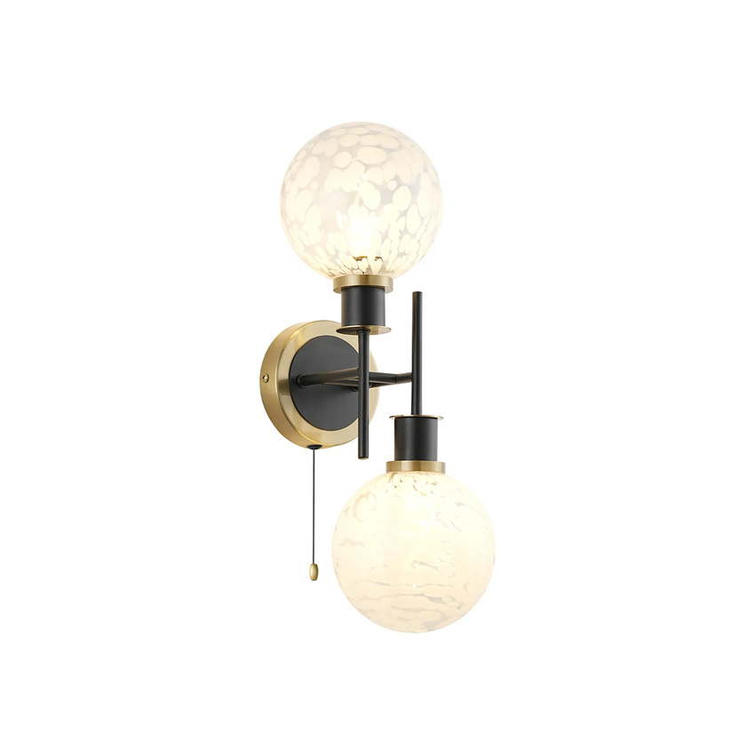 Photograph: Idolite Haughton IP Switched Wall Light, 2 x E14 With 15cm Round Speckled Glass Shade, Brass, White & Satin Black