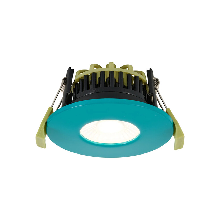 Photograph: Idolite Imre 4/6/8W: Triac Dimmable 4CCT LED Fire Rated Downlight: Bright Teal Fascia: Cut Out: 70mm: 400/600/800lm: 60 Deg: IP65 DRIVER INC. 5yrs Wrnty