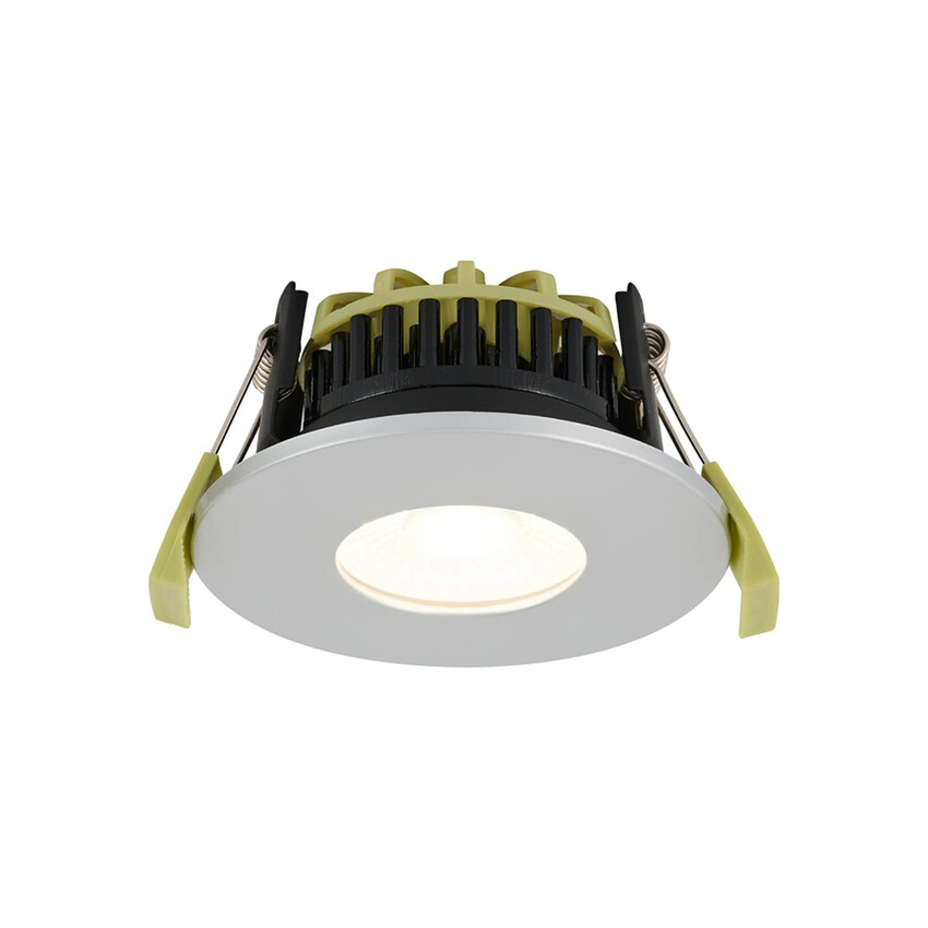 Photograph: Idolite Imre 4/6/8W: Triac Dimmable 4CCT LED Fire Rated Downlight: Platinum Silver Fascia: Cut Out: 70mm: 400/600/800lm 60 Deg: IP65 DRIVER INC 5yrs Wrnty