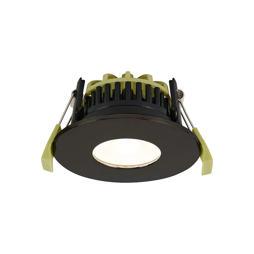 Photograph: Idolite Imre 4/6/8W: Triac Dimmable 4CCT LED Fire Rated Downlight: With Black Chrome: Cut Out: 70mm: 400/600/800lm: 60 Deg: IP65 DRIVER INC.: 5yrs Wrnty